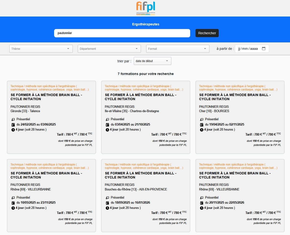 catalogue de formation du FIFPL avec différentes sessions Brain Ball