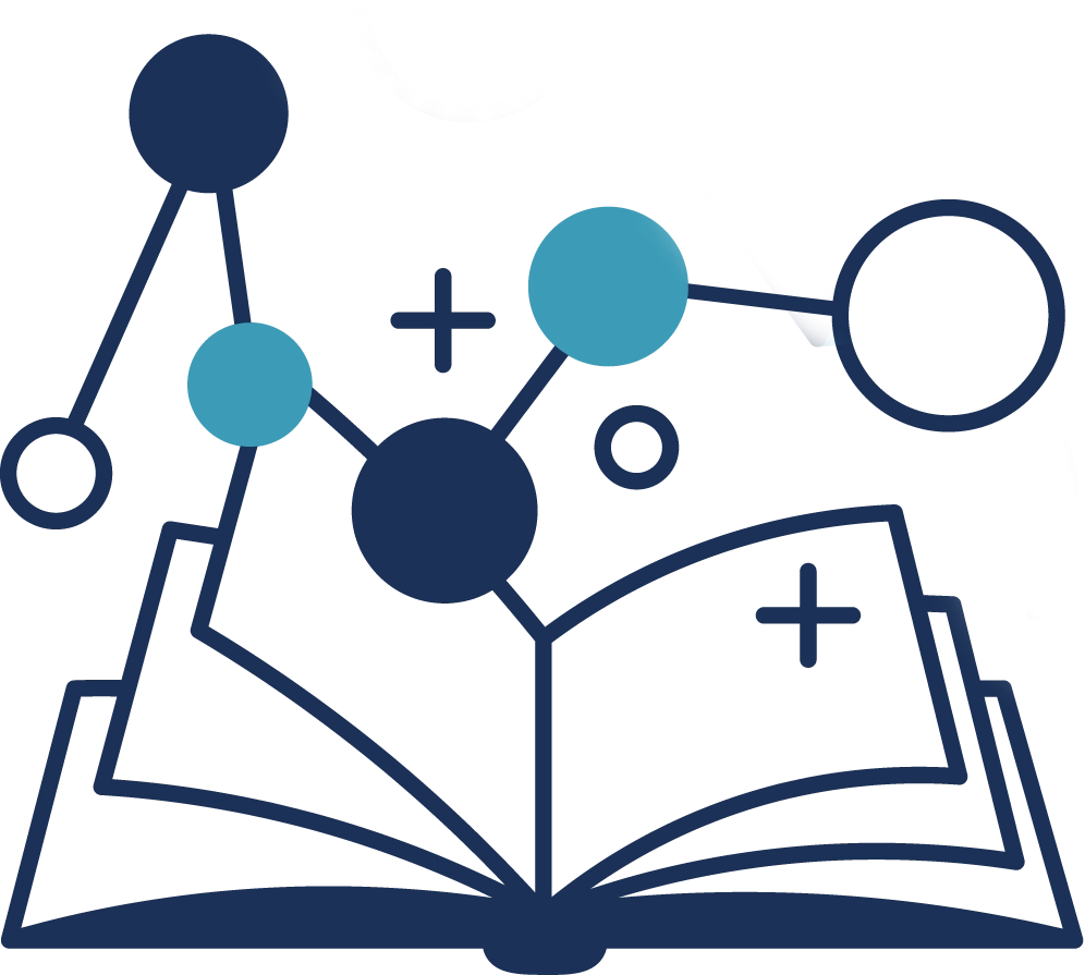 Picto illustrant les références scientifiques Brain Ball avec un livre ouvert et des symboles scientifiques