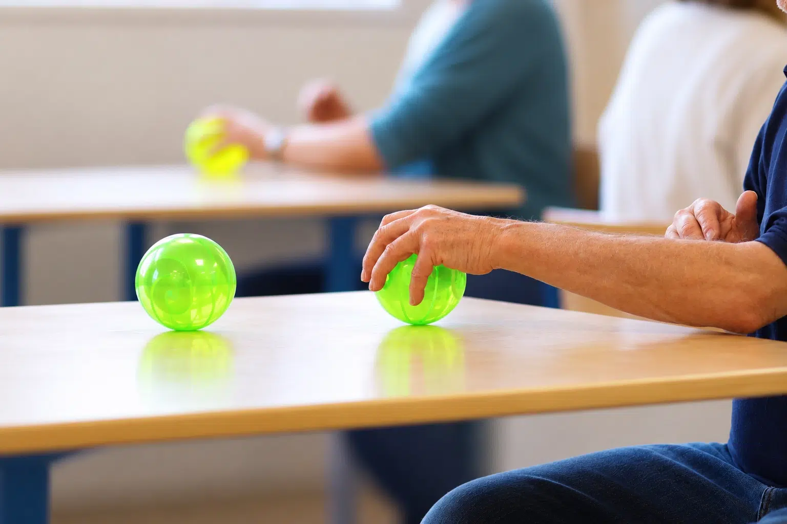 Il décrit une main qui saisit la balle, ce qui colle au sujet de l’article. Sur la photo, la main est plutôt posée sur la balle, prête à la prendre. Si vous préférez une description strictement littérale : « Une main de senior posée sur une balle verte translucide, prête à la saisir lors d’un atelier Brain Ball®